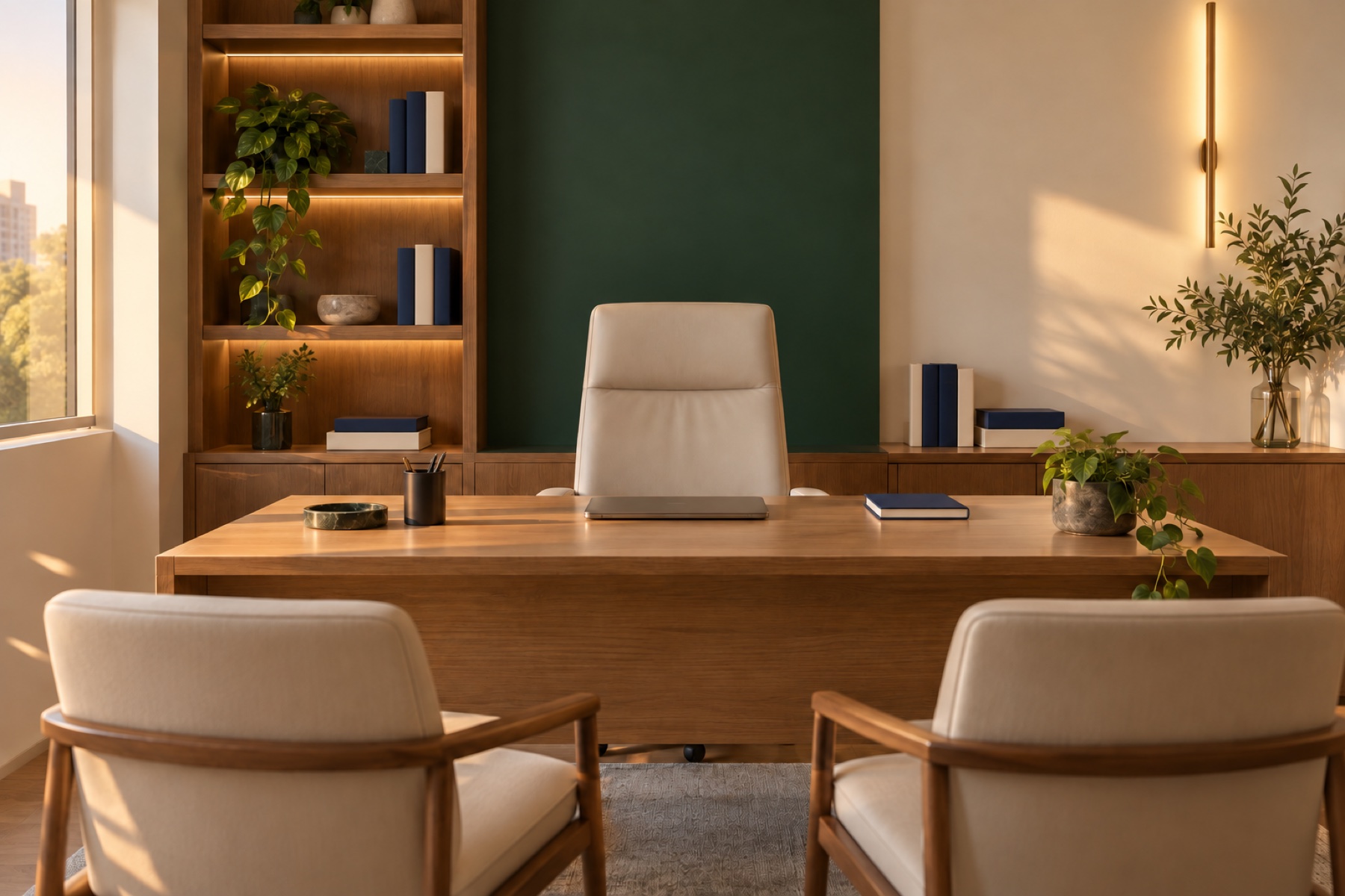 Consultório com mesa de madeira, estante iluminada, painel verde-escuro e duas poltronas para o paciente